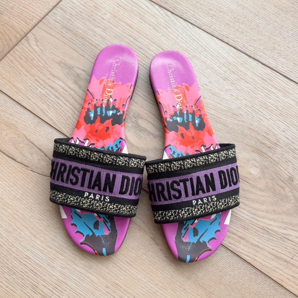 DIOR Canvas D-Flower Pop Embroidered Dway Flat Slide Sandals 38.5
